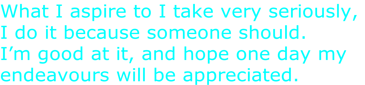 What I aspire to I take very seriously,  I do it because someone should. I’m good at it, and hope one day my  endeavours will be appreciated.